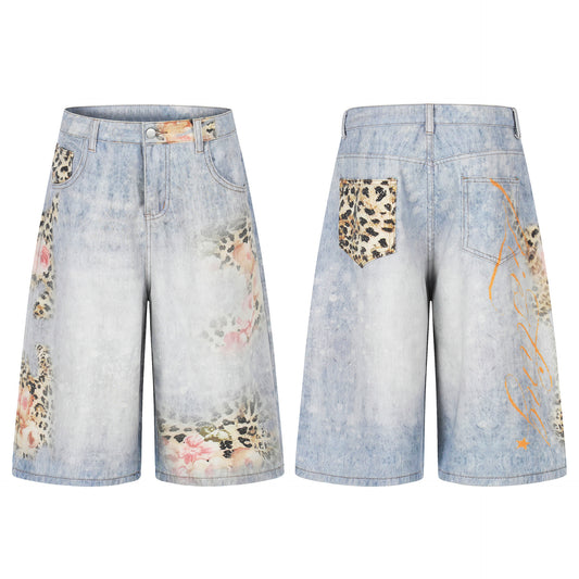 Leopard Print Denim Cropped Pants Unisex Loose Wide Leg Distressed Washed Street Style Mid-Length Pants