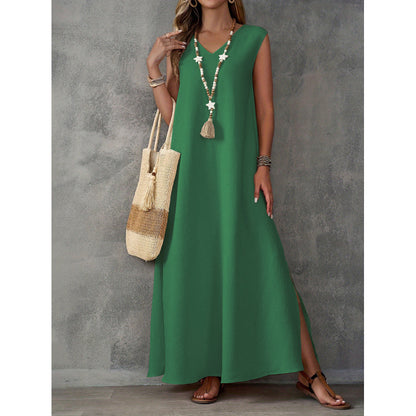 Elegant Long Dress Sleeveless V-Neck Side Slit Midi Dress  Dress