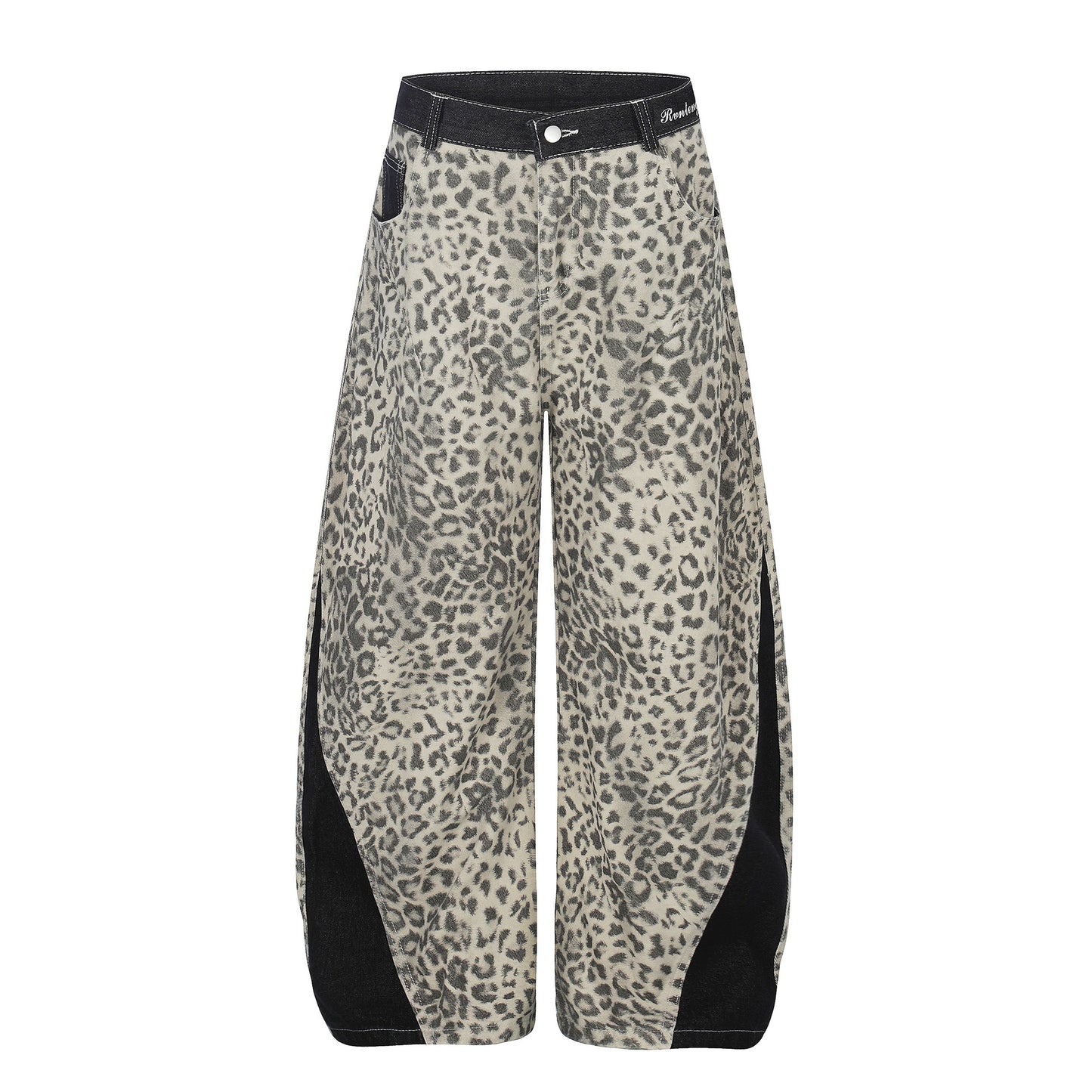 Leopard Print Patchwork Jeans Unisex High Waist Slimming Versatile Floor-Length Trousers