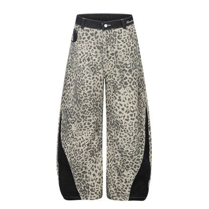 Leopard Print Patchwork Jeans Unisex High Waist Slimming Versatile Floor-Length Trousers
