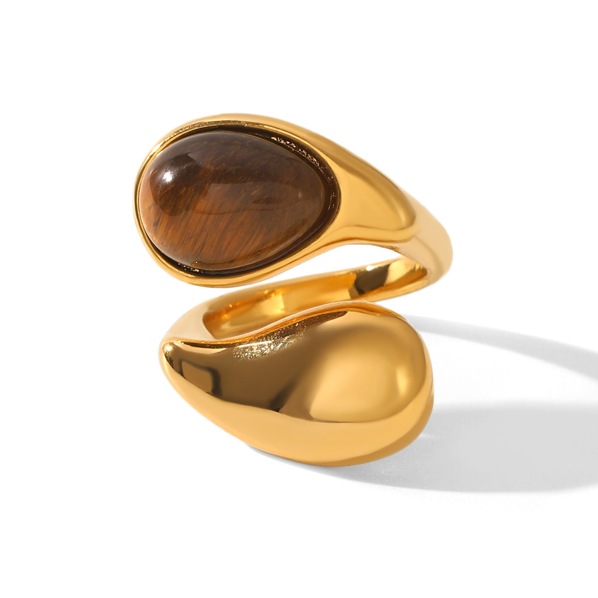 Bague en acier inoxydable en forme de goutte d'eau incrustée d'œil de tigre