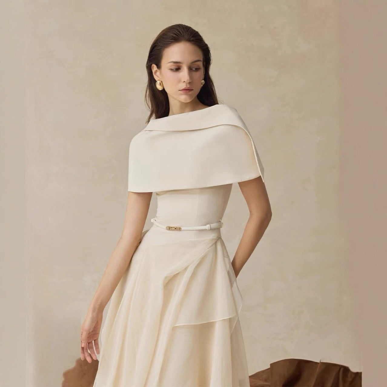 Waist Cinched Dress with Cape Two-Piece Set Long Dress