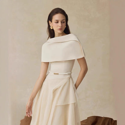 Waist Cinched Dress with Cape Two-Piece Set Long Dress