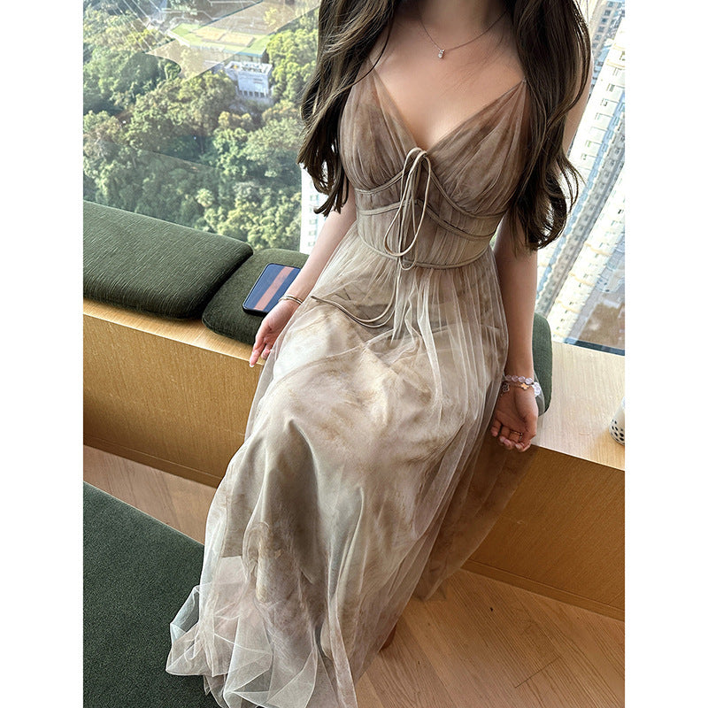 Spring Mountain Far Double Layer Ink Blot Chiffon V-Neck Thin Strap Dress High Waist Fitted Dress