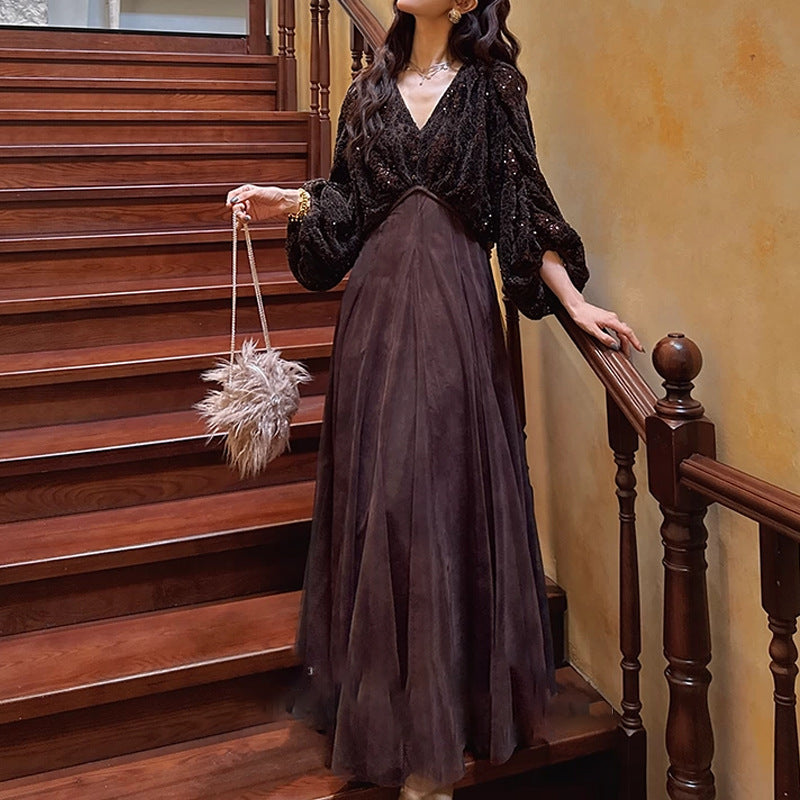 Clothing  Lace Beaded Embroidery Ruffle Dress with Ombre Mesh Paneling Sheer Overlay Women's Dress