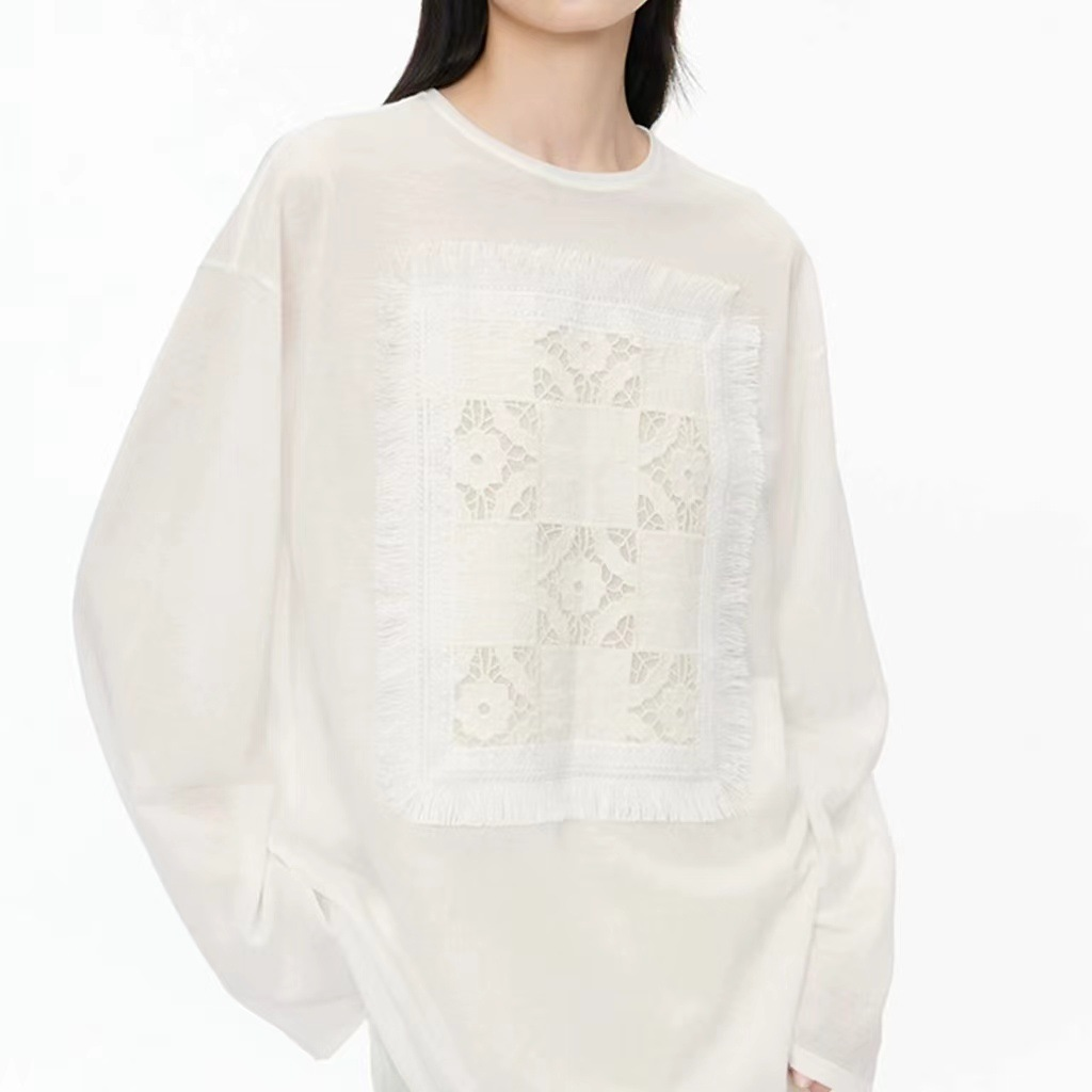 Sagestu Off-White Embroidered Patch Loose Long Sleeve Round Neck T-Shirt Lightweight Design High-Quality Sun Protection