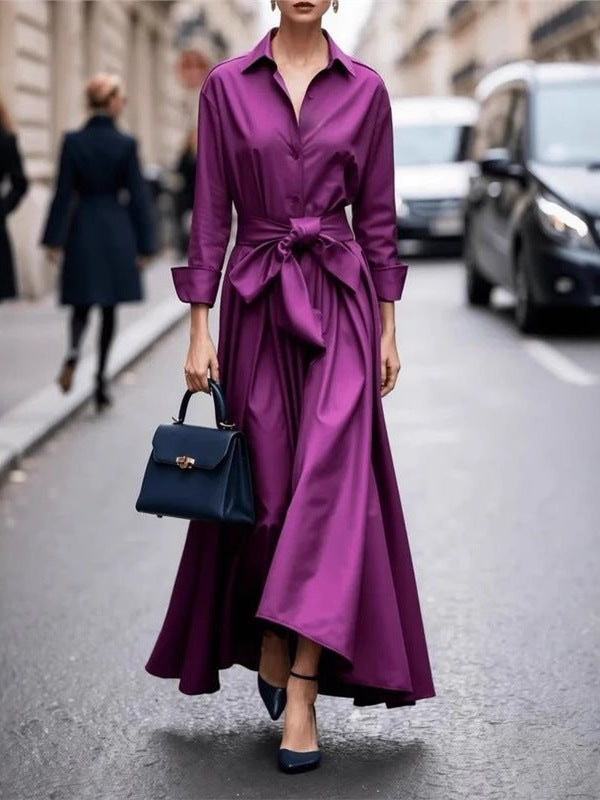 Solid color lace up POLO collar dress jacket long skirt coat