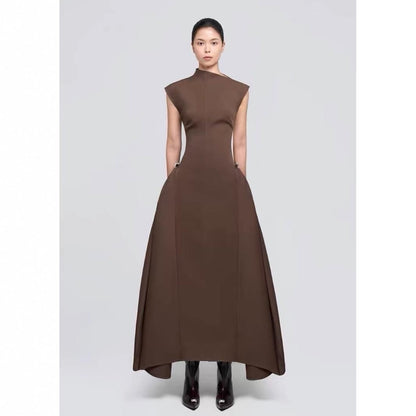Solid Color Sleeveless A-Line Maxi Dress for Women, High Waist, Elegan